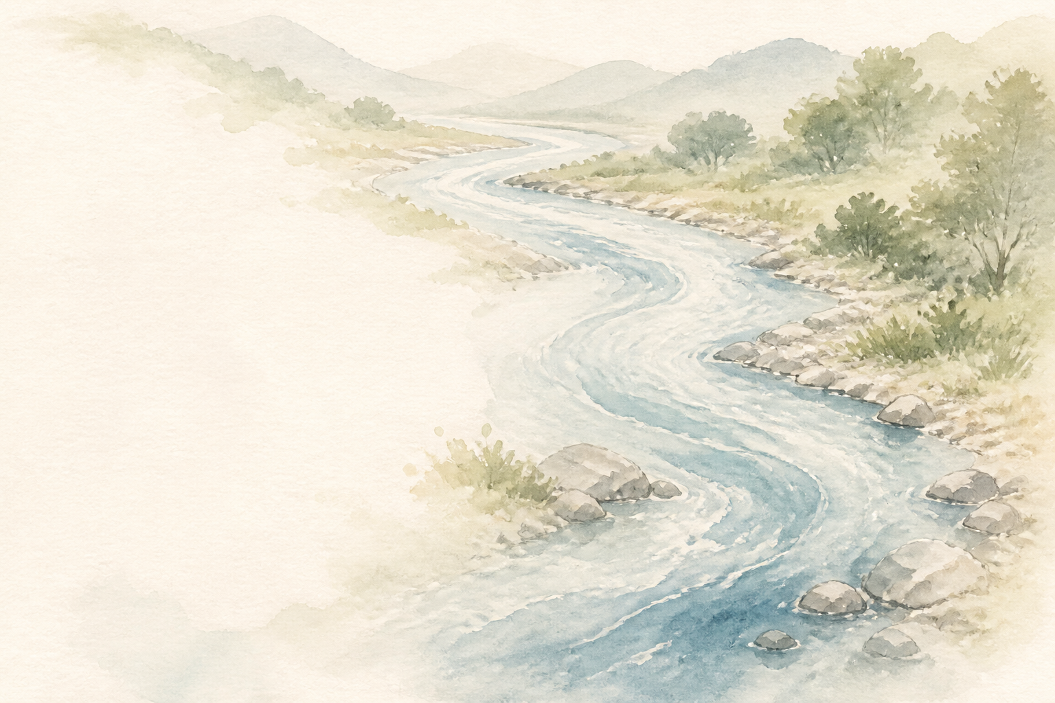 Pale watercolor river flowing through soft green hills.